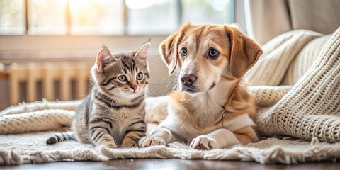 A playful puppy and curious cat interacting in a cozy home setting, adorable, pets, animals, friendship, companionship, playful