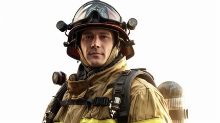 Fototapeta premium 3D clipart of a firefighter in full gear, standing confidently, white background, emergency responder