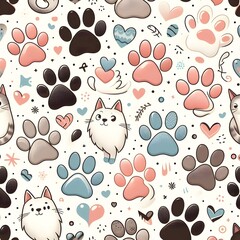 Fototapeta premium Seamless Pattern with Cute Cats, Paw Prints and Hearts