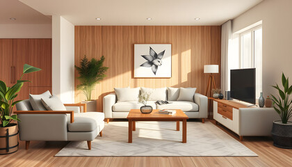 Living room interior with design modular couch, chair, wooden coffee table and home decor isolated with white highlights, png