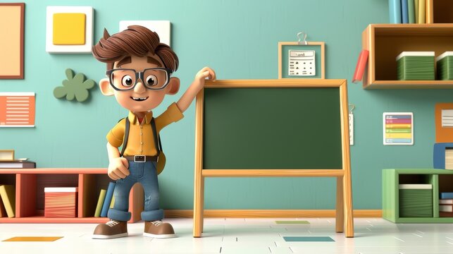 Cipart of a teacher holding a chalkboard, in a colorful classroom, white background, education professional, 3D