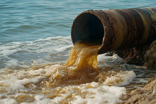 a water pipe spilling brown dirty waste water into the sea