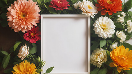 a frame with flowers and a blank paper