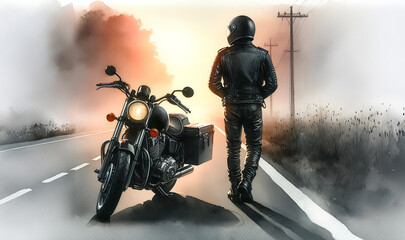 Watercolor painting of a man standing next to his adventure motorcycle.