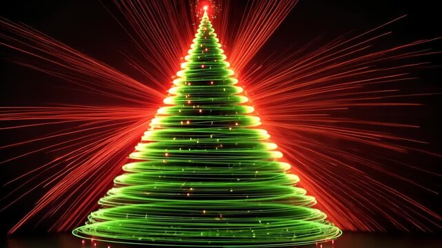 futuristic glowing green christmas tree , digital electronic programming neon code with green lines and dots, science and technology, Glowing rays with flickering particles , New year