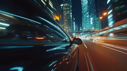 Fototapeta premium Motion time of a high-speed night drive through a big city, ending in an underground parking garage. The side view from the car window shows light trails from vehicles and street lights. 