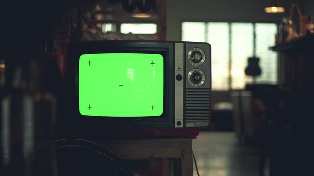 Television screen with tracker marker, vintage Television set green background. 4K footage. You can replace footage or picture easily.