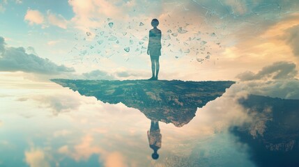 Fragmented Realities: Person Standing at the Edge of a Shattered Mind with Floating Thoughts and Double Exposure Surreal Landscape Backdrop