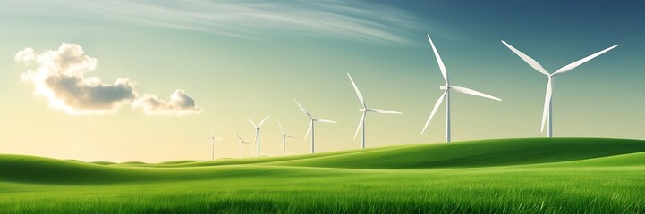 Fototapeta premium modern turbines, lush green fields, and clear blue sky, creating a clean and sustainable energy theme.