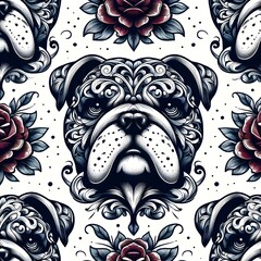 Bulldog with Ornamental Floral Pattern Seamless Pattern