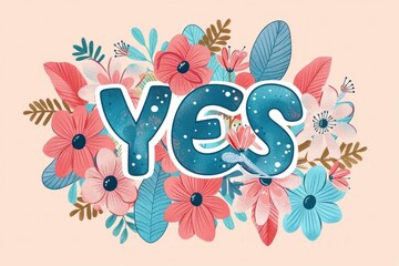 Obraz premium Floral composition with the word YES in vibrant colors on a pastel background