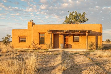 A rustic adobe house surrounded by grasslands under a cloudy sky.