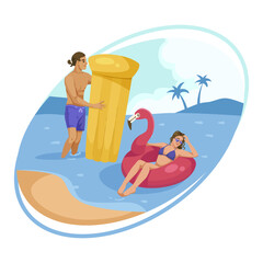 A man and woman enjoying a beach vacation with inflatables in the water. Vector illustration on a beach background. Concept of summer fun and relaxation. Vector illustration