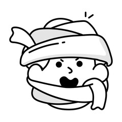 Hand drawn icon of mummy face wrapped in bandage 

