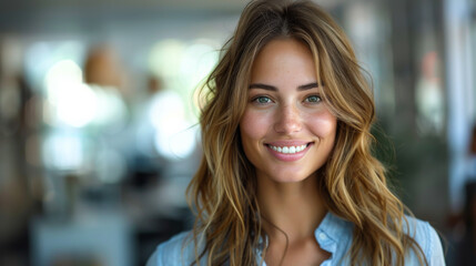 Fototapeta premium A portrait of a smiling woman in business clothes stands against the backdrop of a modern, bright office. Lifestyle.