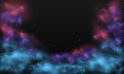 Realistic colorful fog or smoke texture isolated on transparent background. Red, purple and blue mist clouds with light particles, vapor in air effect.