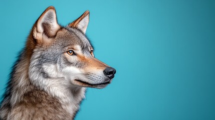 Fototapeta premium A close-up portrait of a wolf against a vibrant turquoise background, showcasing its keen eyes and majestic fur.