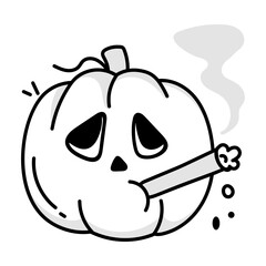 Pumpkin smoking icon in doodle style

