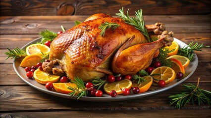 Fototapeta premium Close up of a roasted Thanksgiving turkey on a platter with garnishes , Thanksgiving, holiday, meal, feast, food