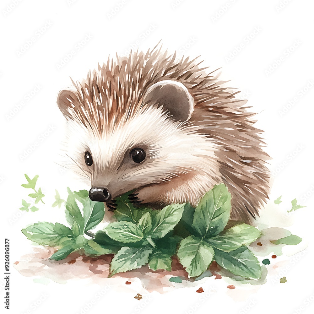 Wall mural Watercolor Illustration of a Cute Hedgehog Eating Leaves.