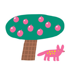 Cute ancient Egypt composition, postcard with funny hand drawn doodle palm, tree, fruit tree, leaves, fennec fox animal. Old civilization, desert nature t shirt print, cover, template, banner, poster 