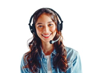 Ready to Assist:  A friendly customer service representative smiles brightly, headset in place, ready to assist. Her approachable demeanor invites inquiries and promises excellent service. 