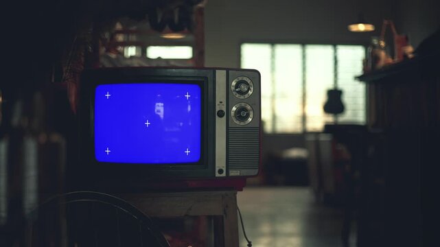 Television screen with tracker marker, vintage Television set blue background. 4K footage. You can replace footage or picture easily.