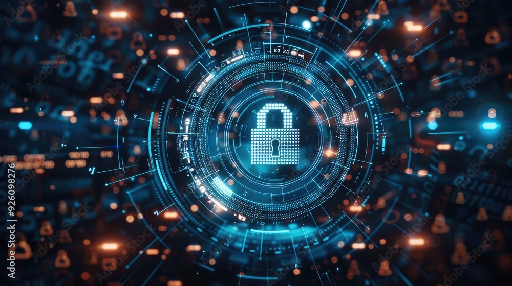 Aufkleber digital background featuring pixelated padlock and data protection symbols on a blue digital screen,