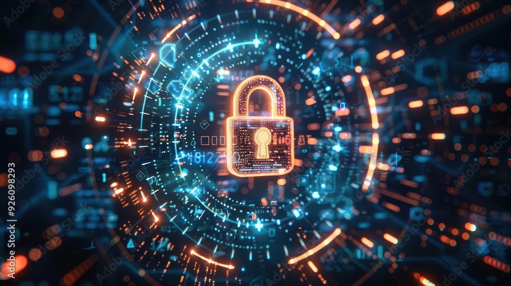 Aufkleber Digital background featuring pixelated padlock and data protection symbols on a blue digital screen, written in the center of a circular frame. A perfect symmetrical composition. Generative AI.