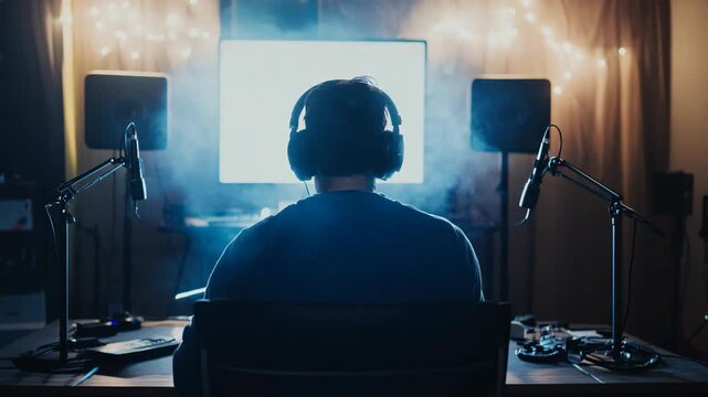 A person sits in front of a computer in a home recording studio, wearing headphones and facing a large monitor. Two microphones are visible on stands