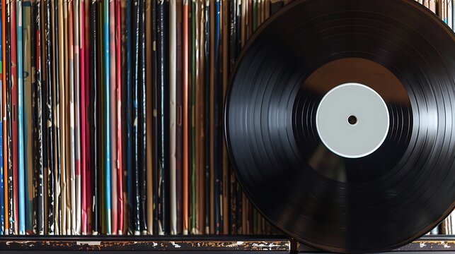 Black vinyl record on a shelf with a row of colorful record sleeves.