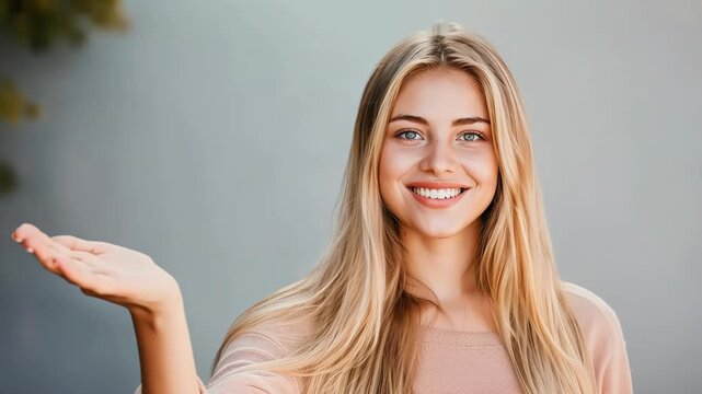 Smiling Woman with Open Hand Gesture
