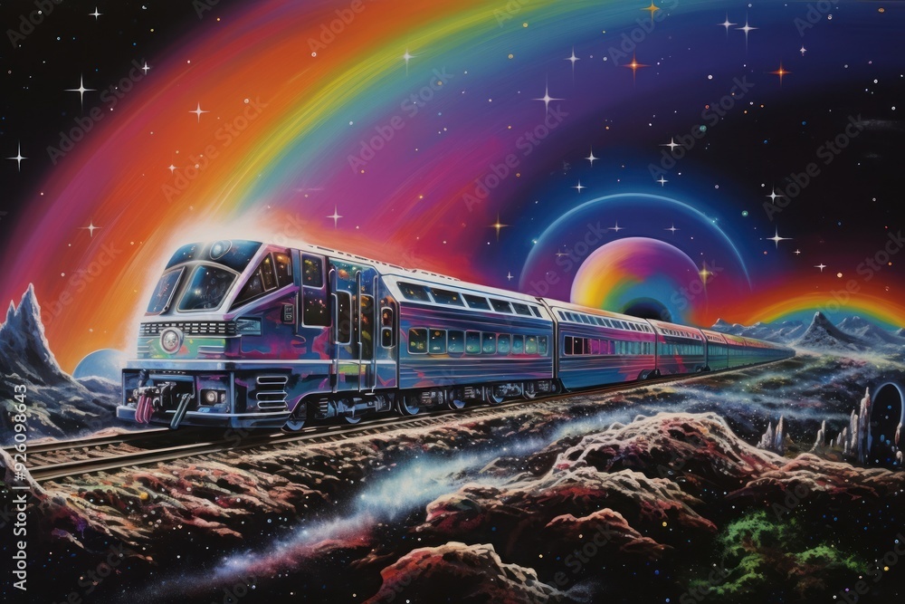 Sticker a train traveling across the galaxy vehicle nature night.