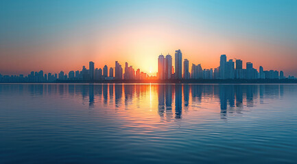 Naklejka premium Modern city skyline with clear blue sky background at the golden hour. Generative AI.