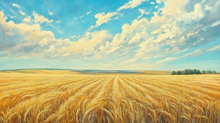 Obraz premium Golden fields of corn ready for harvest under a brilliant summer sky, with rows of stalks swaying in the breeze