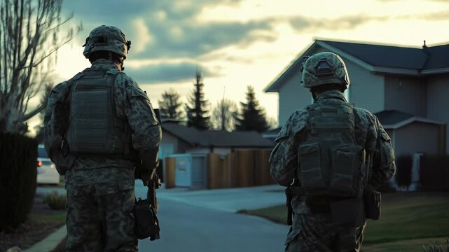 Soldiers on Residential Street at Dusk