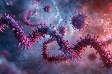 Fototapeta premium Microscopic view of a spreading virus, possibly a coronavirus or monkeypox, with spikes. 3D banner illustration, microscopic view of floating influenza virus cells. Corona virus SARS-CoV-2