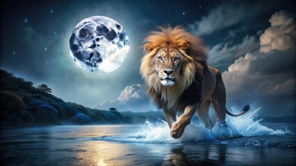 Menacing lion running across the river under the moonlight, wildlife, predator, dangerous, nighttime, lion, river, nature, beast © Vibrant Visions Pixe