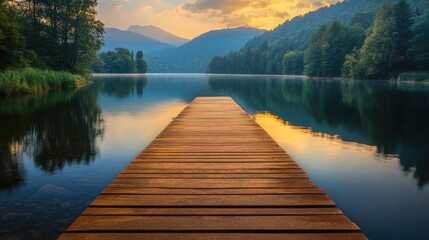 Naklejka premium Rustic wooden dock leading out onto a calm summer lake, with the surrounding landscape bathed in golden light