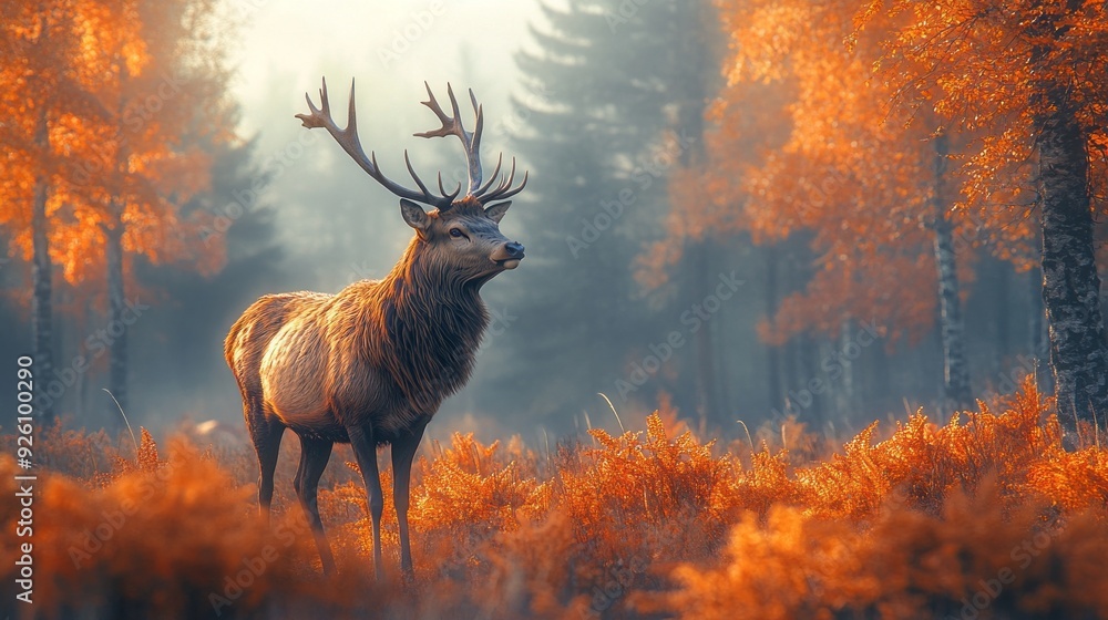 Poster a regal stag stands amidst a tapestry of orange foliage, basking in the soft glow of fading daylight
