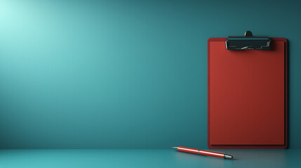 A red clipboard with a checklist and pen on a blue background