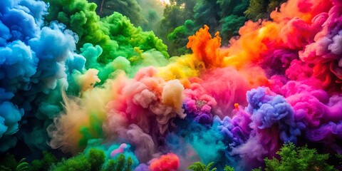Abstract background with vibrant multi colors resembling swirling smoke explosions amidst lush greenery, abstract