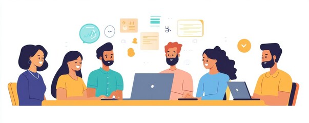 A diverse group of professionals collaborating around a laptop in a modern workspace, highlighting teamwork and creativity.