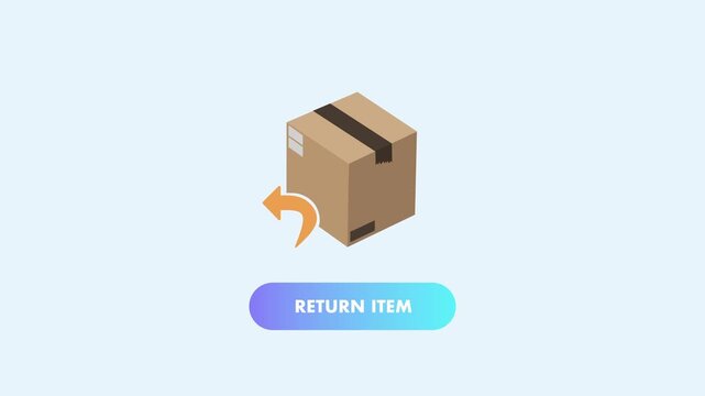 Brown box appearing on the screen. Return arrow icon in the right corner and &bdquo;return item&ldquo; button underneath. Return a package animation. Return item.  Blue background. Green screen background.