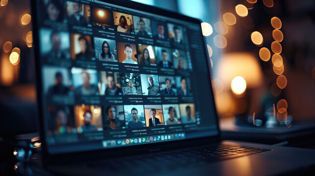 A close-up of a laptop screen displaying a video conference call with multiple participants. Generative AI.