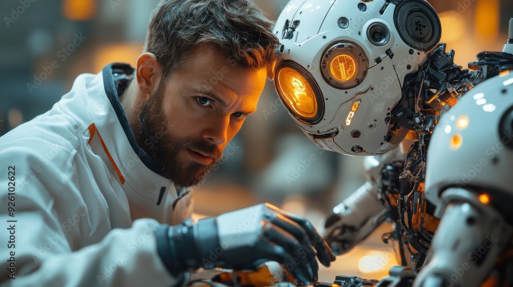 Poster A scientist meticulously works with a humanoid robot in a high-tech laboratory, focusing on complex mechanisms and artificial intelligence