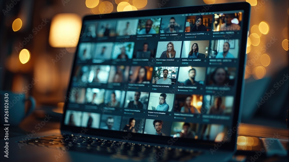 Aufkleber A close-up of a laptop screen displaying a video conference call with multiple participants. Generative AI.