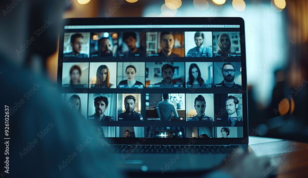 Aufkleber A close-up of a laptop screen displaying a video conference call with multiple participants. Generative AI.