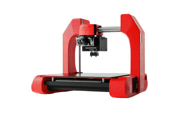 Red 3D printer isolated on transparent background. Modern technology for prototyping and manufacturing. High precision and innovative equipment.