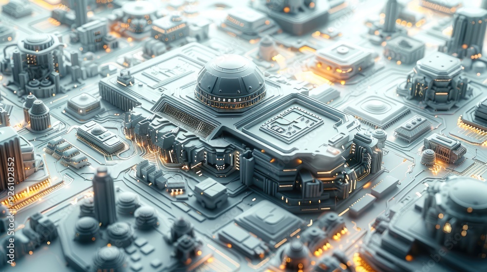 Poster 3d modeling of technology merging with currency in a global financial system.,conceptual architectur